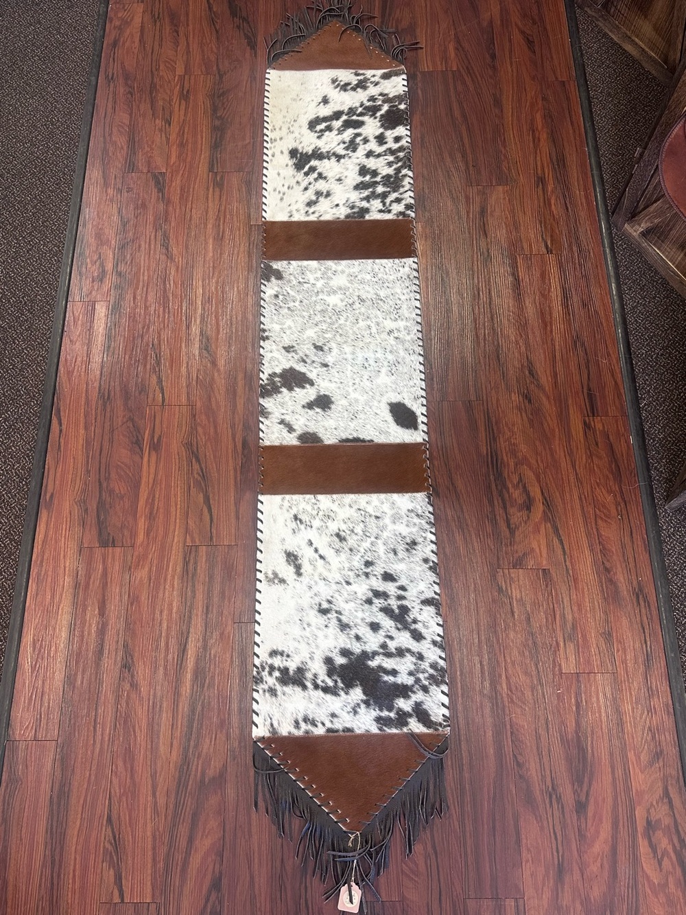 Cowhide and Brown Leather Table Runner - Classic Black & White 6ft9inch